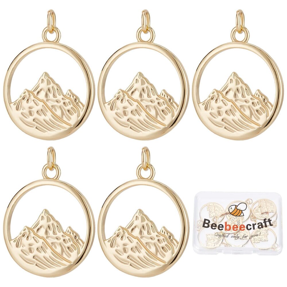 1800 10Pcs/Box Mountain Charms 18K Gold Plated Brass Flat Round with Alps